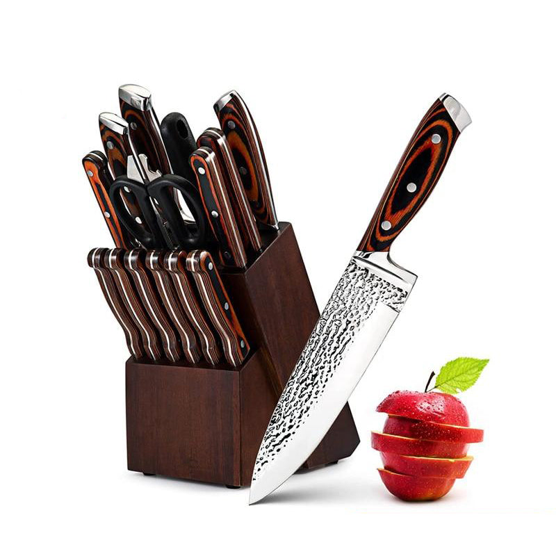 15Pcs/Set Kitchen Knives with Block Damascus Steel Professional Utility  Knife US